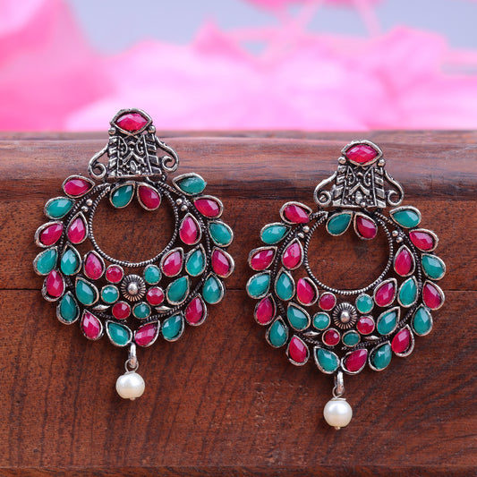 Multicolored Stone Studded Intricate Earrings With Hanging Baby Pearl