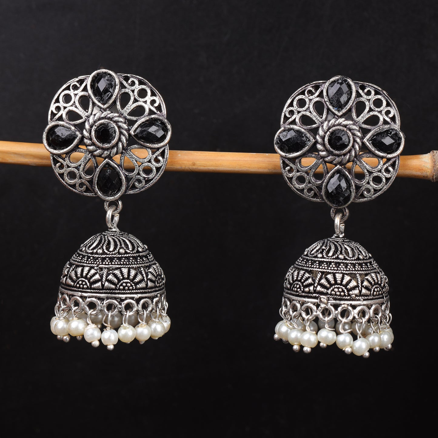 Black Stone Studded Statement Earrings With Hanging Jhumka Embellished With Baby Pearls