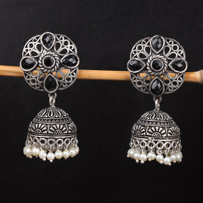Black Stone Studded Statement Earrings With Hanging Jhumka Embellished With Baby Pearls