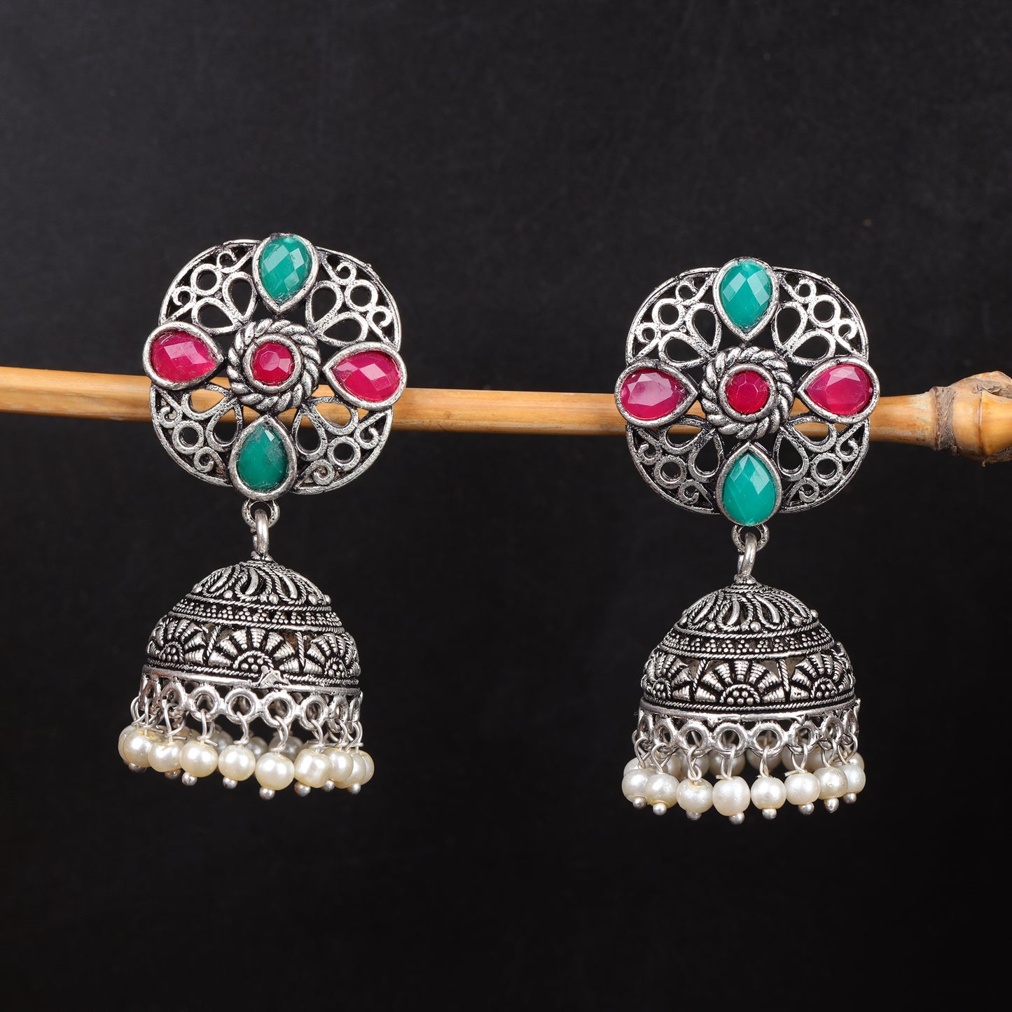 Multicolored Stone Studded Statement Earrings With Hanging Jhumka Embellished With Baby Pearls
