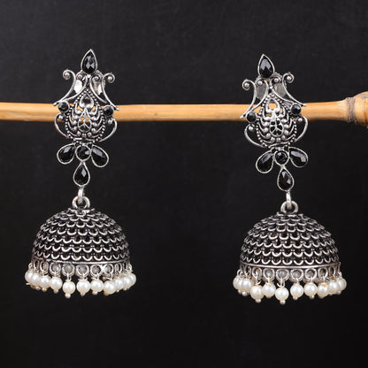 Black Stone Studded Intricate Danglers With Hanging Jhumki