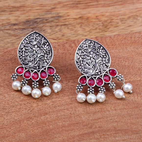 Red Stone Studded Elegant Oxidised Stud Earrings