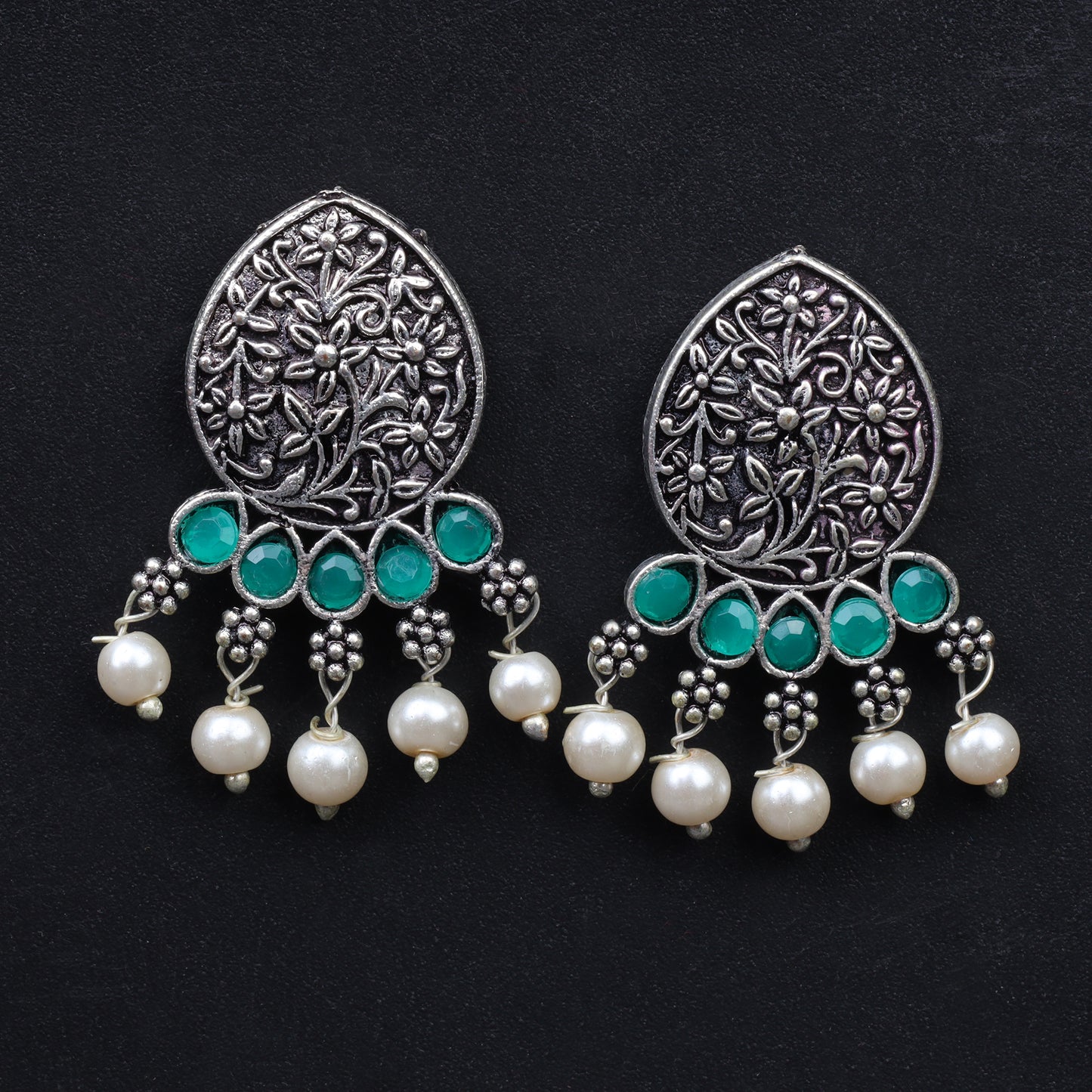 Green Stone Studded Elegant Oxidised Stud Earrings
