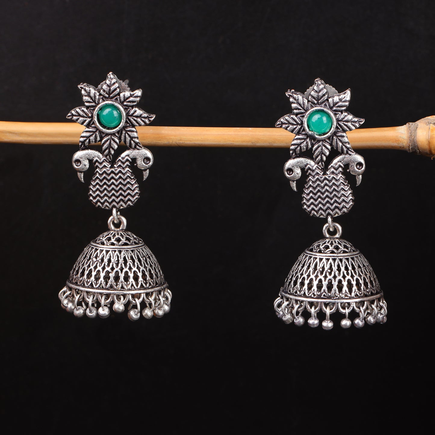 Green Stone Studded Intricate Danglers With Hanging Jhumki