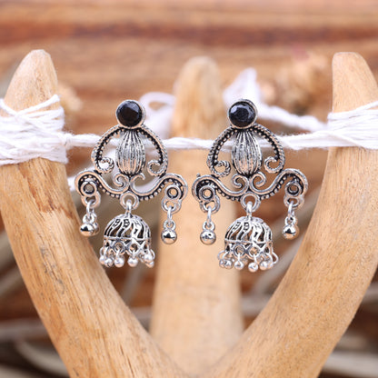 Black Stone Studded Intricate Jhumki Earrings