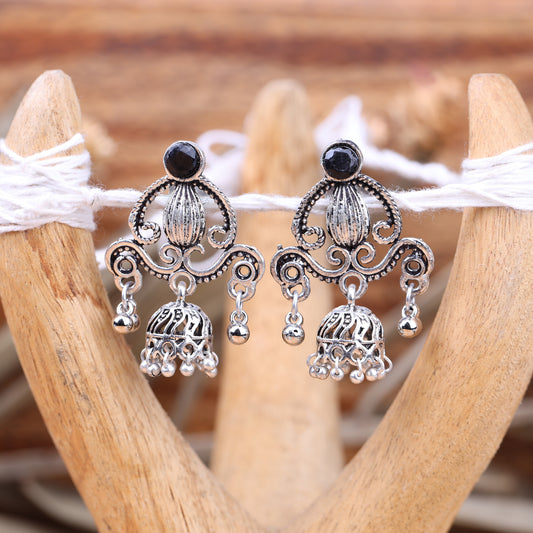 Black Stone Studded Intricate Jhumki Earrings