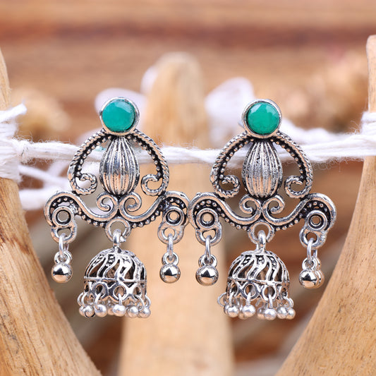 Green Stone Studded Intricate Jhumki Earrings