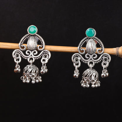 Green Stone Studded Intricate Jhumki Earrings
