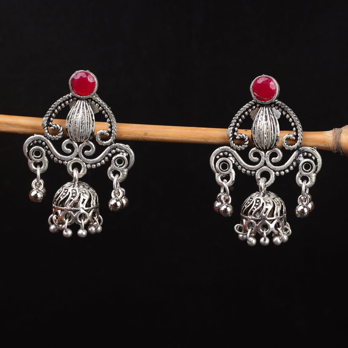 Red Stone Studded Intricate Jhumki Earrings