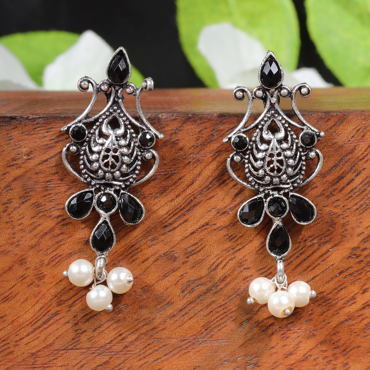 Black Stone Studded Tiny Earrings With Hanging Pearls