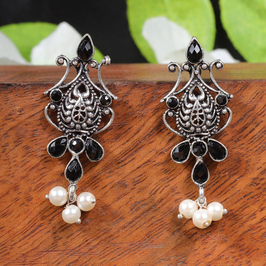Black Stone Studded Tiny Earrings With Hanging Pearls
