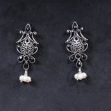 Black Stone Studded Tiny Earrings With Hanging Pearls