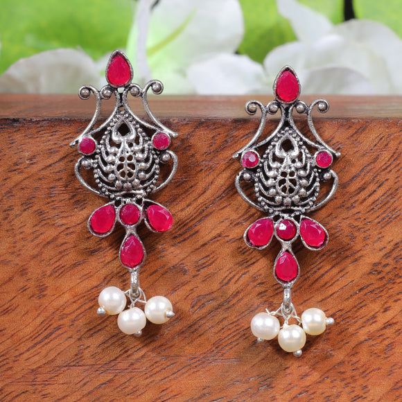 Red Stone Studded Tiny Earrings With Hanging Pearls
