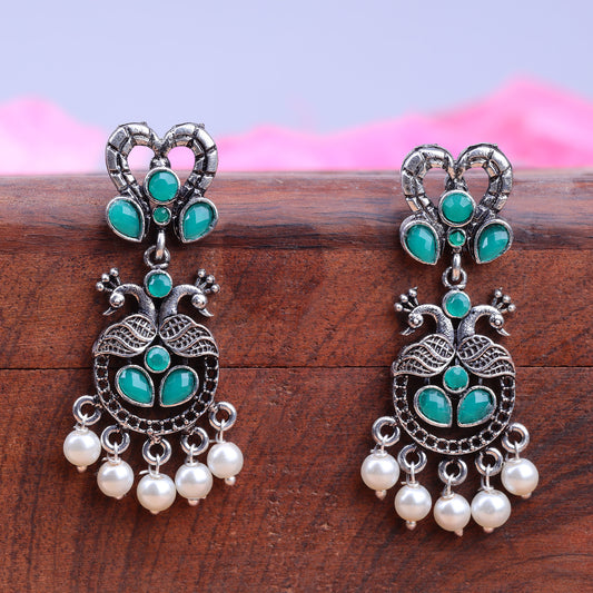 Green Stone Studded Delicate Oxidised Earrings With Hanging Pearls