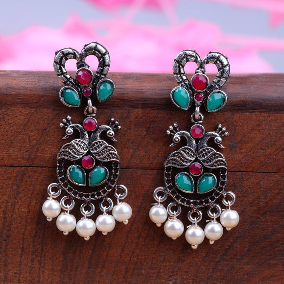 Multicolored Stone Studded Delicate Oxidised Earrings With Hanging Pearls