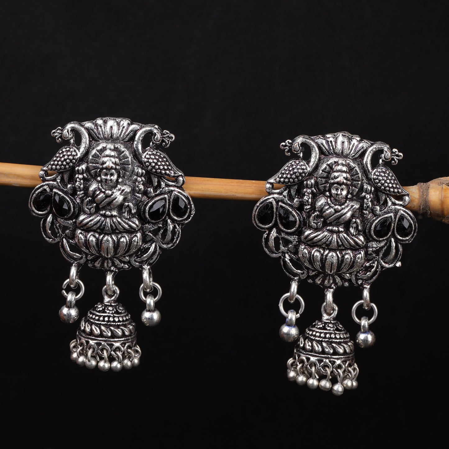 Black Stone Studded Laxmi Motif Earrings