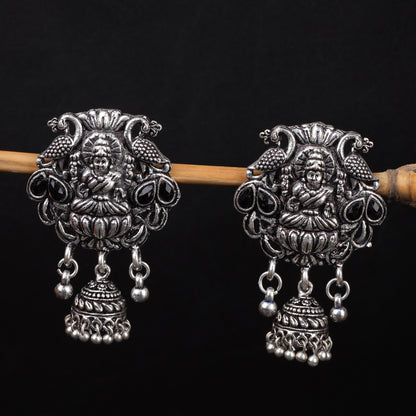 Black Stone Studded Laxmi Motif Earrings