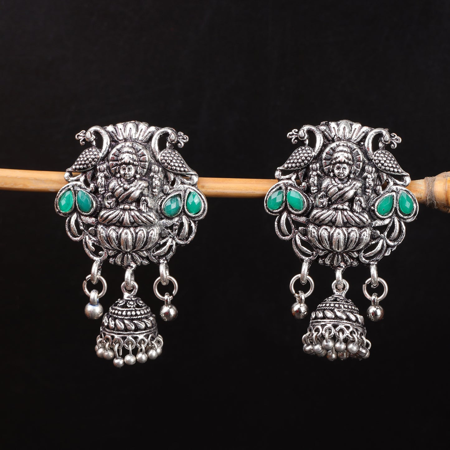 Green Stone Studded Laxmi Motif Earrings