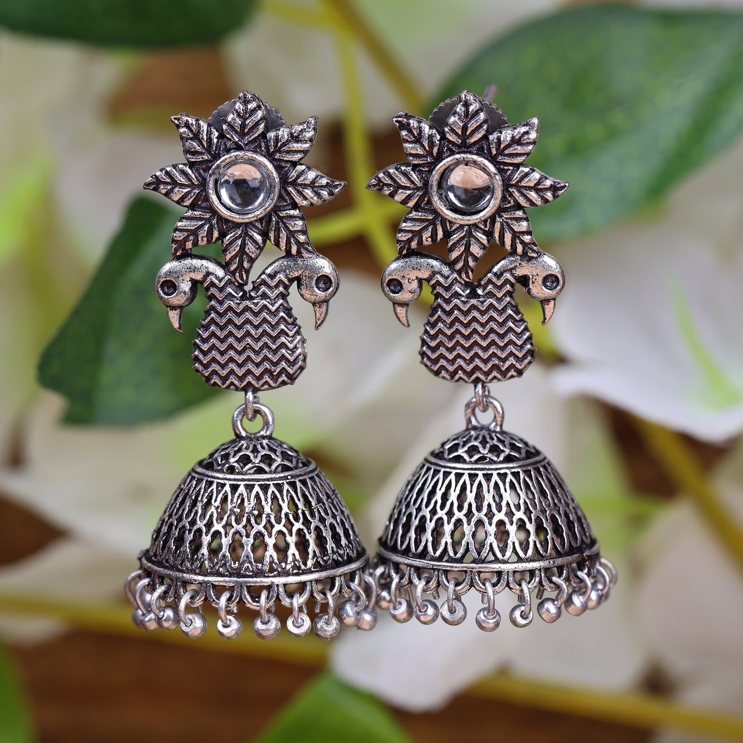 White Stone Studded Intricate Danglers With Hanging Jhumki