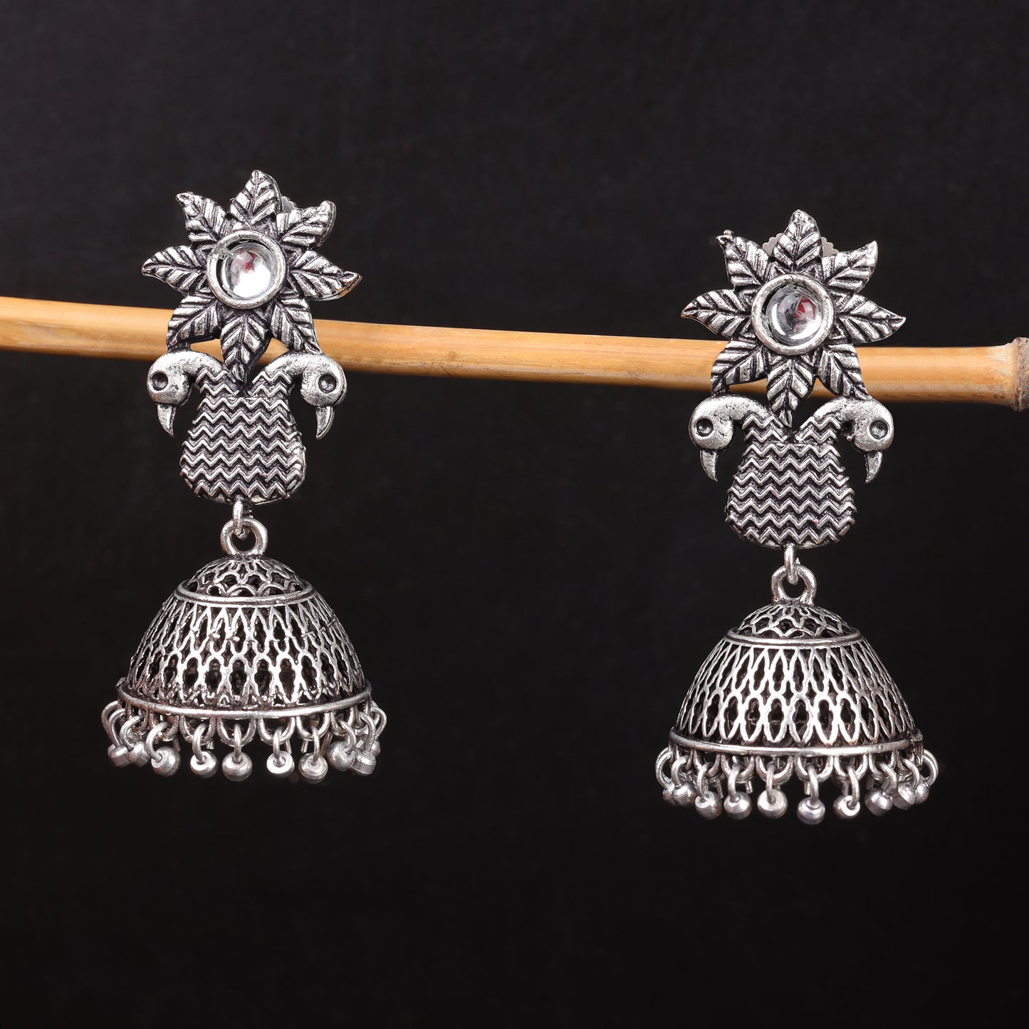 White Stone Studded Intricate Danglers With Hanging Jhumki