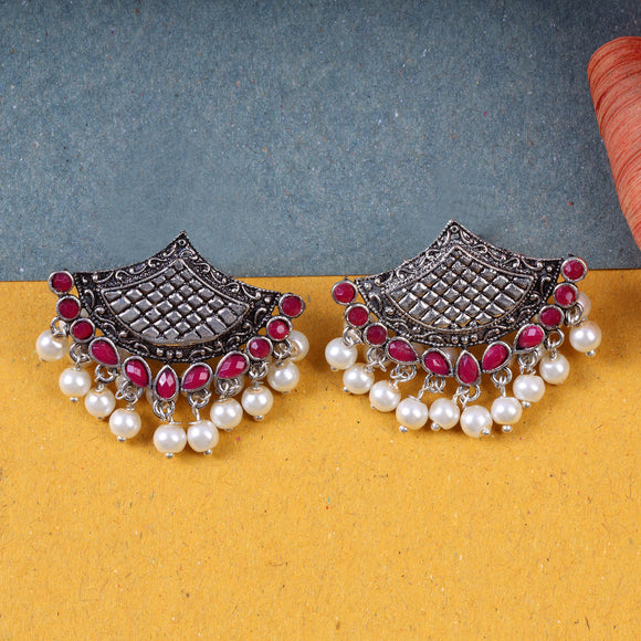 Red Stone Studded Lotus Petal Shaped Oxidised Earrings With Hanging Line Of Pearl