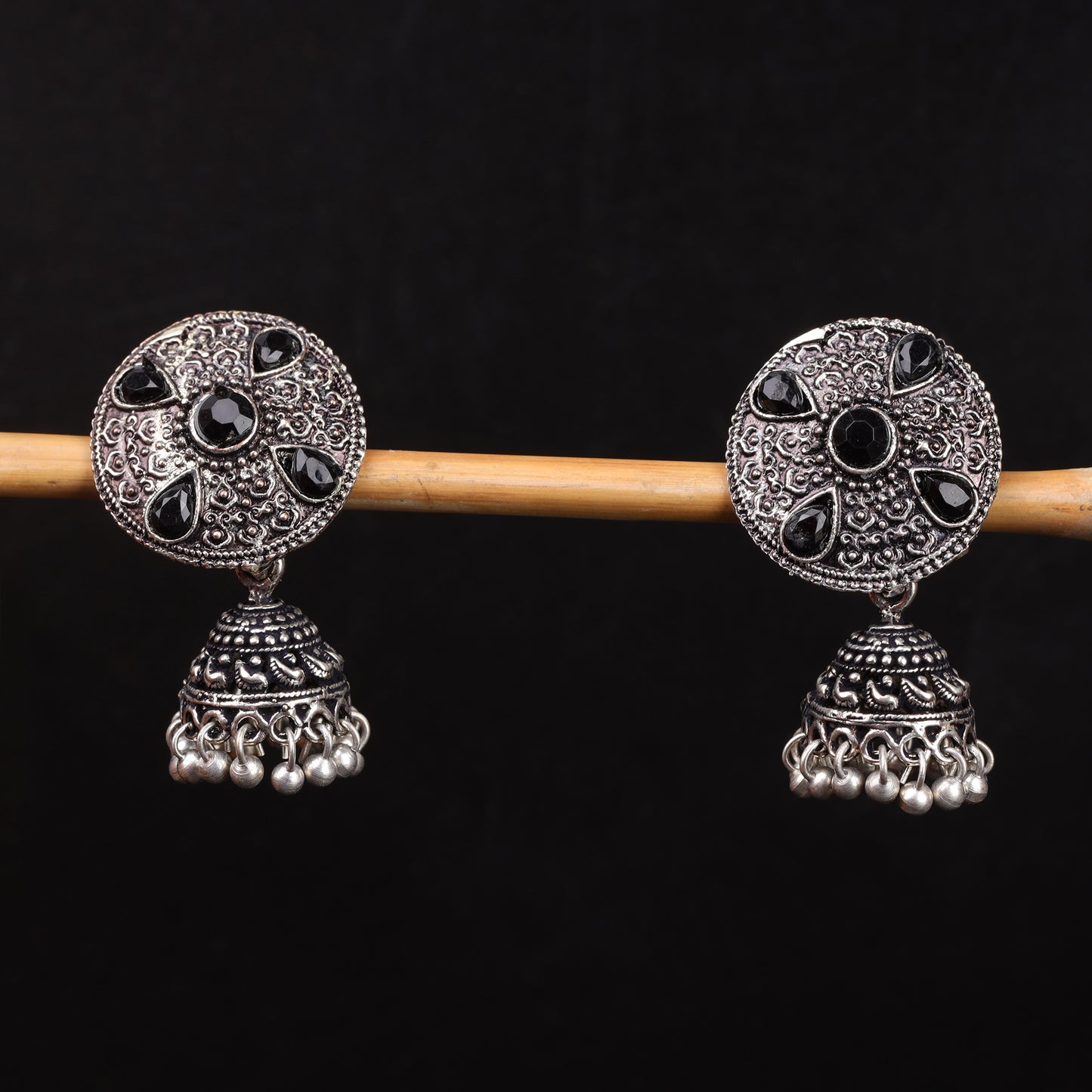 Black Stone Studded Beautiful Oxidised Earrings With Hanging Jhumki