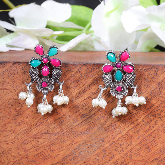 Multicolored Stone Studded Oxidised Earrings With Hanging Pearl