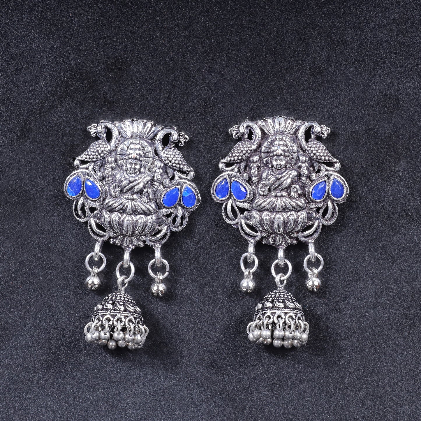 Blue Stone Studded Laxmi Motif Earrings