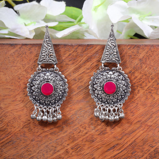Red Stone Studded Oxidised Earrings