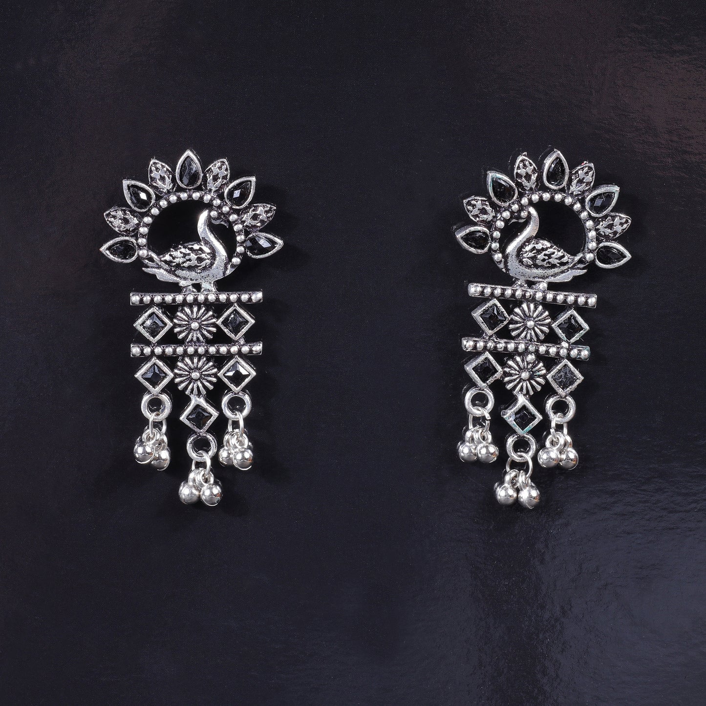 Black Stone Studded Peacock Motif Light Earrings