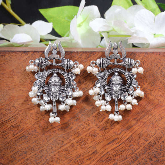 White Stone Studded Beautiful Ganesha Earrings With Hanging Baby Pearls