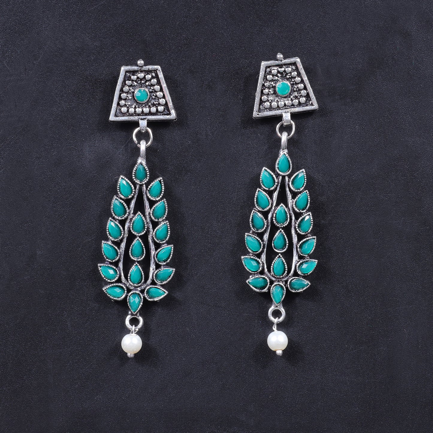 Green Stone Studded Statement Earrings With Hanging Pearls