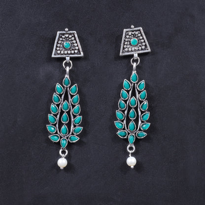 Green Stone Studded Statement Earrings With Hanging Pearls
