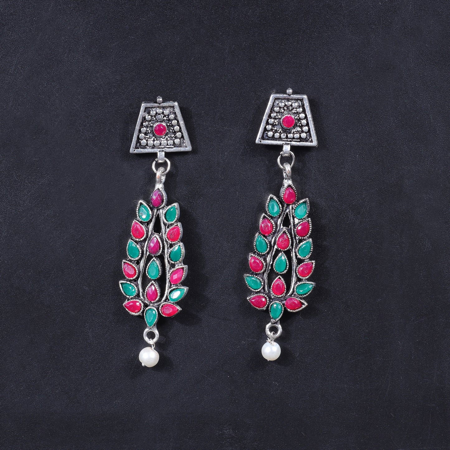 Multicolored Stone Studded Statement Earrings With Hanging Pearls