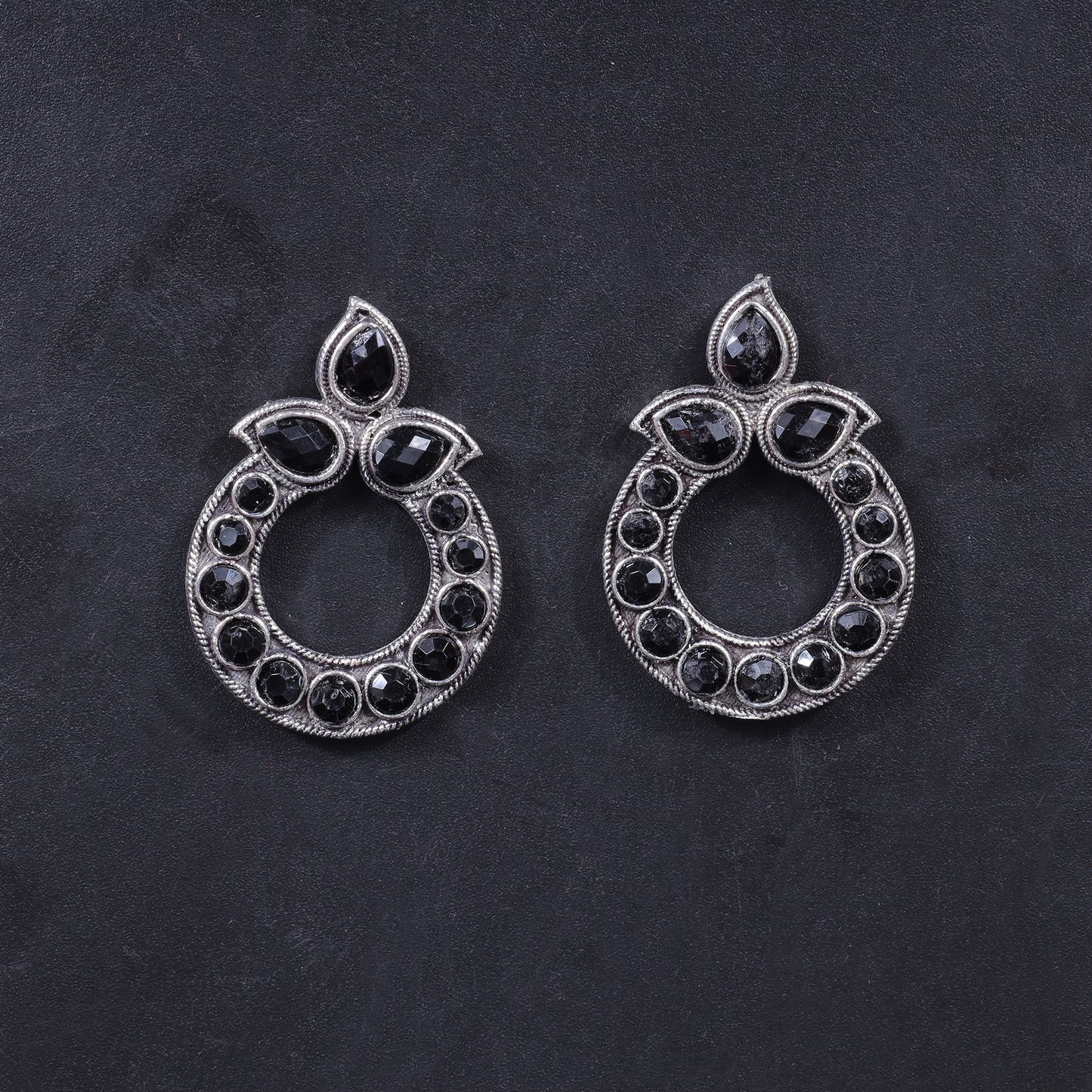Black Stone Studded Circular Stud Earrings