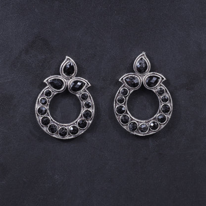 Black Stone Studded Circular Stud Earrings