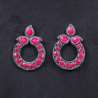 Red Stone Studded Circular Stud Earrings