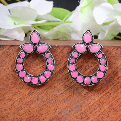 Pink Stone Studded Circular Stud Earrings