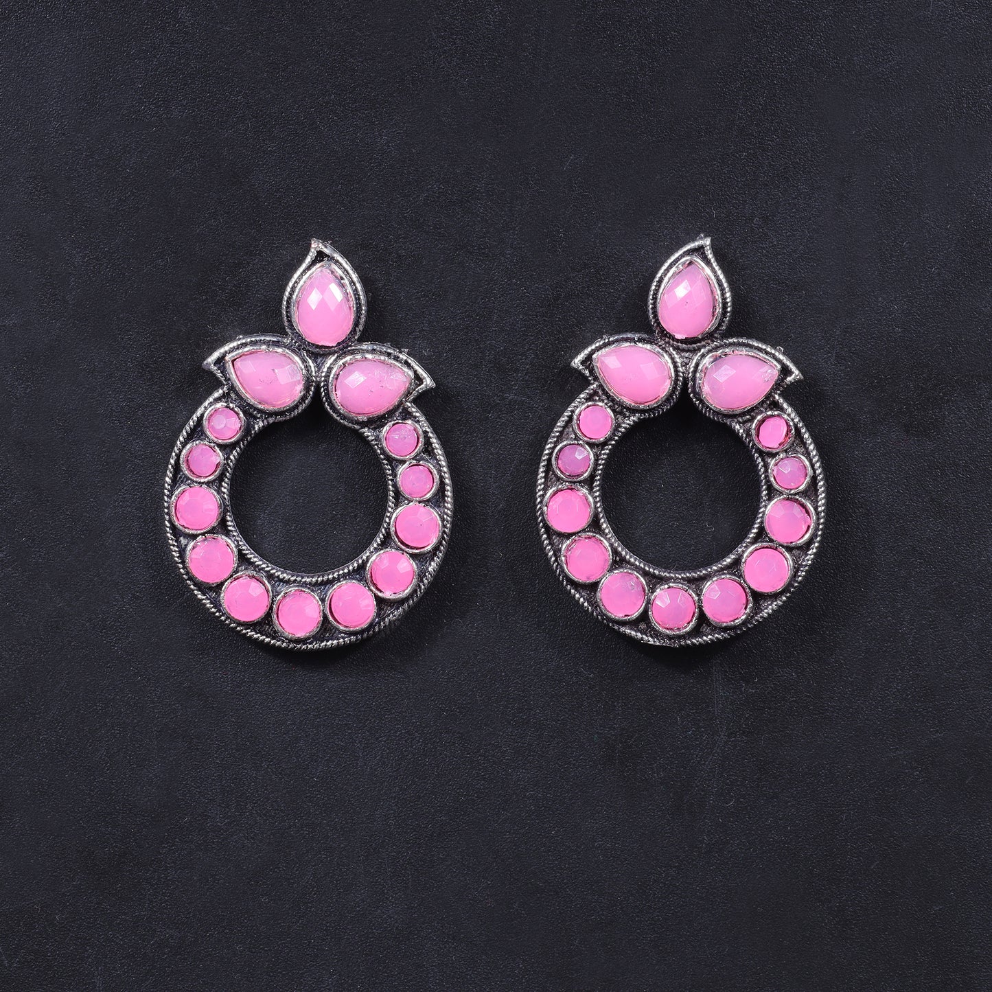 Pink Stone Studded Circular Stud Earrings