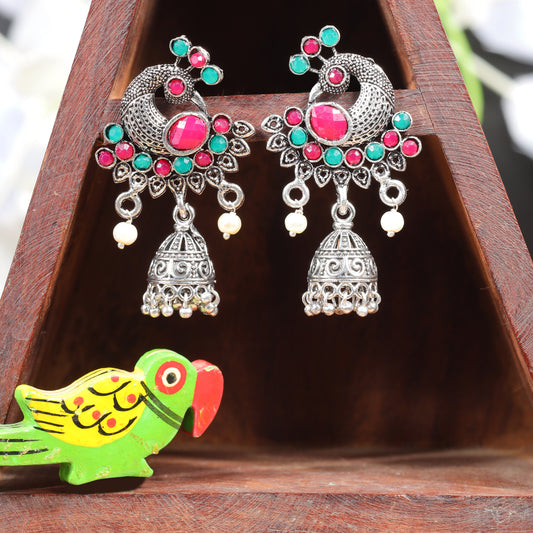 Multicolored Stone Studded Peacock Shaped Danglers With Hanging Jhumki