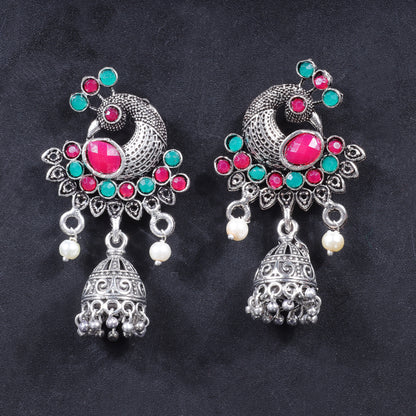 Multicolored Stone Studded Peacock Shaped Danglers With Hanging Jhumki