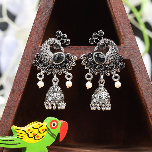 Black Stone Studded Peacock Shaped Danglers With Hanging Jhumki