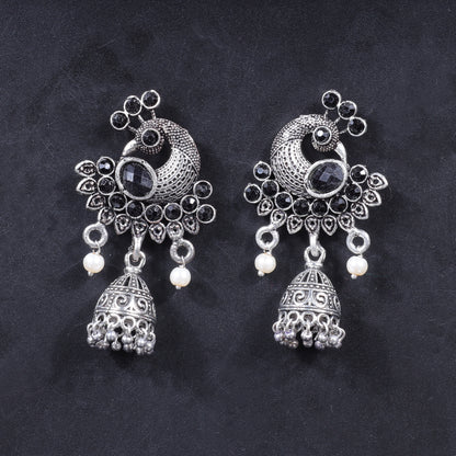 Black Stone Studded Peacock Shaped Danglers With Hanging Jhumki