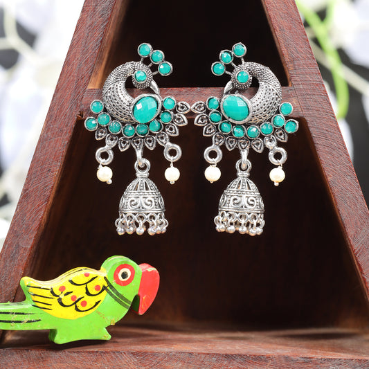 Green Stone Studded Peacock Shaped Danglers With Hanging Jhumki