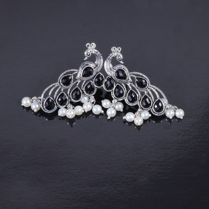 Black Stone Studded Peacock Shaped Earrings With Hanging Pearls