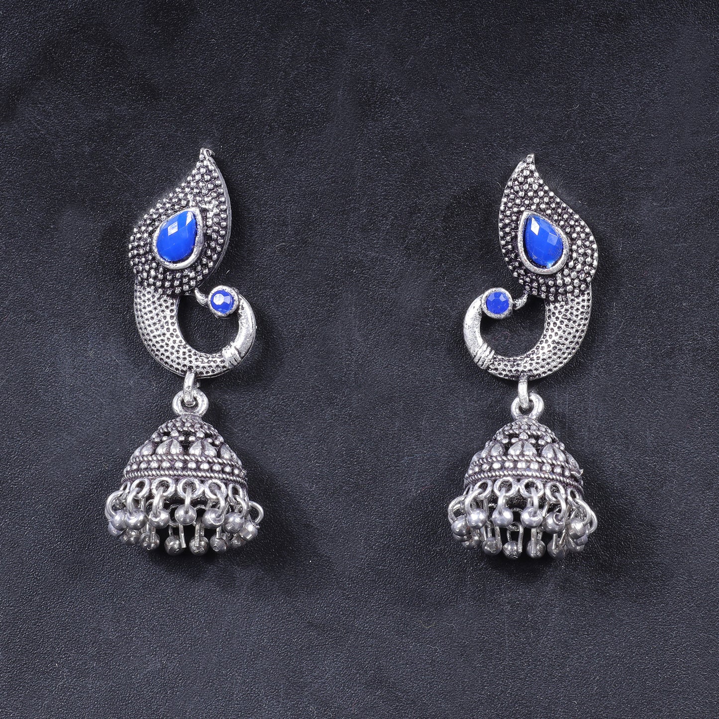 Blue Stone Studded Tiny Peacock Earrings With Hanging Jhumki
