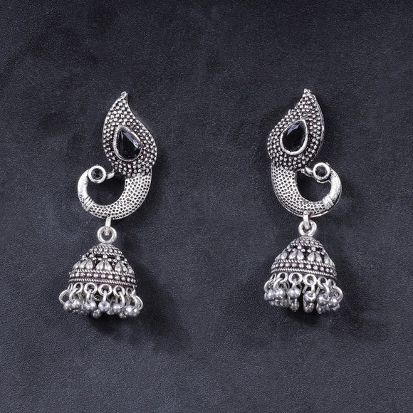 Black Stone Studded Tiny Peacock Earrings With Hanging Jhumki