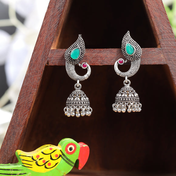 Green Stone Studded Tiny Peacock Earrings With Hanging Jhumki