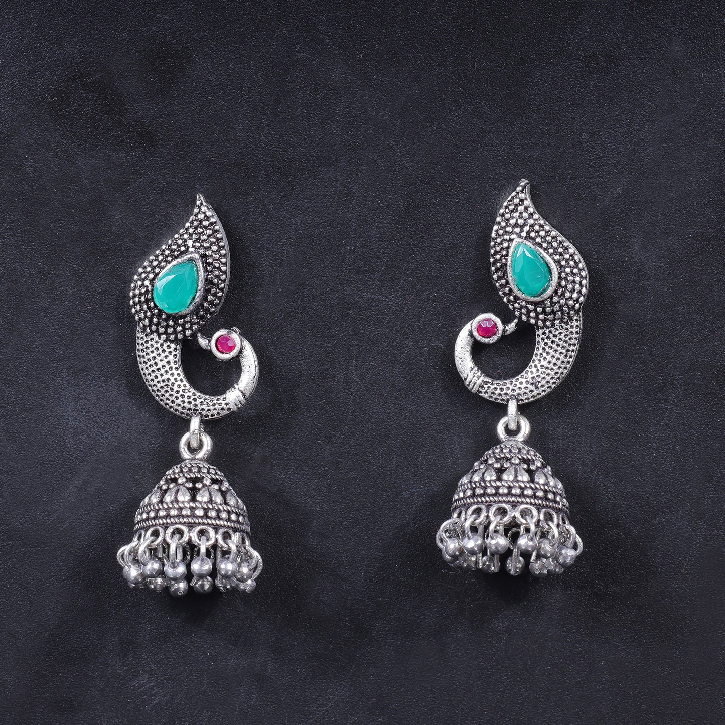 Green Stone Studded Tiny Peacock Earrings With Hanging Jhumki