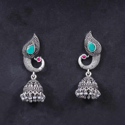 Green Stone Studded Tiny Peacock Earrings With Hanging Jhumki